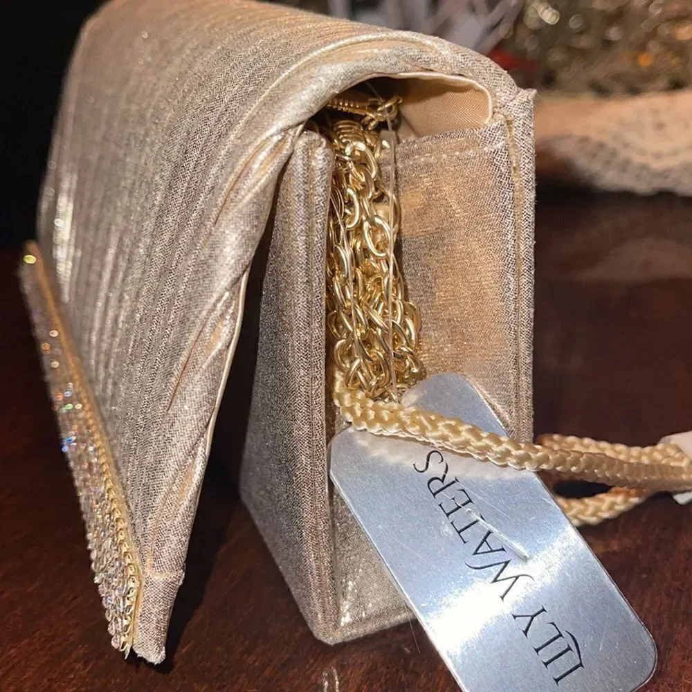 Lily Waters gold tone fabric rectangle shaped clutch